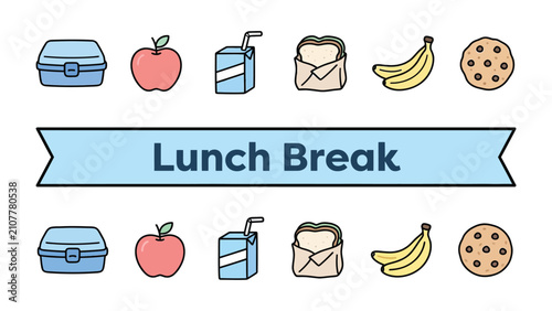 Konstfotografi Lunch Break Icons: A cheerful collection of illustrated icons representing a typical lunch break, featuring a lunchbox, apple, juice box, sandwich, banana, and cookie