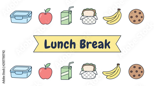 Canvastavla Lunch Break Icons: A charming illustration depicting a collection of common lunch items, including a lunchbox, apple, juice box, sandwich, banana, and cookie