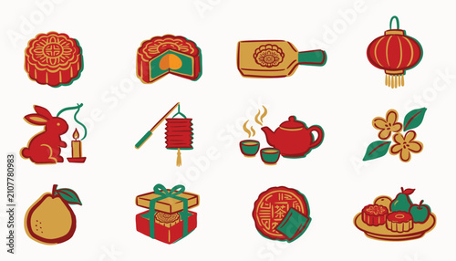 Mid Autumn Festival traditional icons set with mooncakes and lanterns for lunar celebration