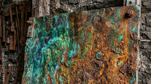 Heavily corroded copper sheet with vibrant green patina verdigris and rusty metal texture on vintage industrial background