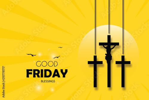 Canvastavla Good Friday blessings background banner with three holy crosses silhouette on a yellow sunburst background template