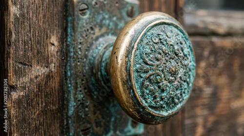 Close-up of an Intricately Detailed Antique Brass Door Knob with Patina on a Weathered Wooden Door