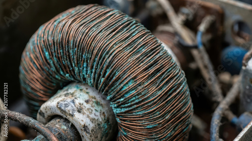 Close-up of vintage dusty toroidal copper coil inductor with green oxidation patina