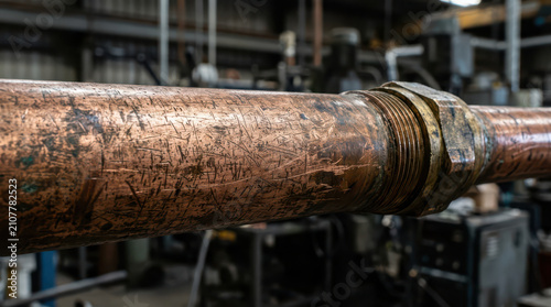 Industrial Copper Piping System with Threaded Metal Coupling Connector in a Factory Setting