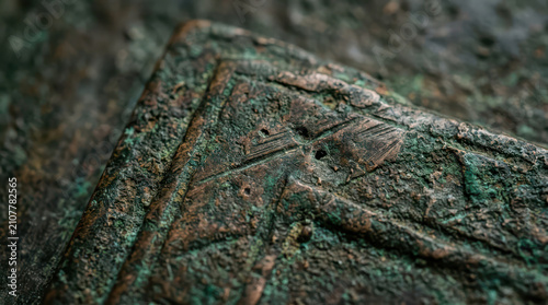 Close up view of aged copper metal with heavy green patina and traditional geometric engravings showing ancient craftsmanship and corrosion