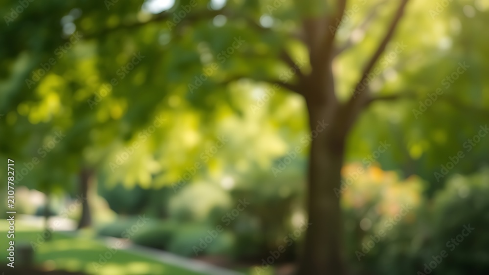 Fototapeta premium A soft, blurred park scene with green foliage and a natural bokeh effect, creating a calm and atmospheric background.