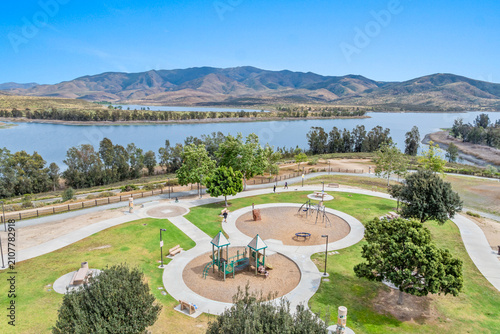 Aerial view of Otay Lakes County Park in Chula Vista, California, a scenic view of a mountain range, the lake. High quality photo