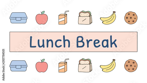 Konstfotografi Lunch Break Doodle Border: A delightful illustration featuring a Lunch Break text box framed by charming doodles of a lunchbox, apple, juice box, sandwich, banana, and cookie