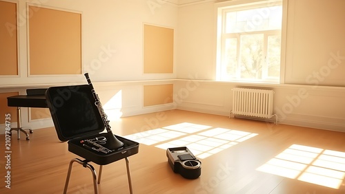 Empty music practice room with an open oboe case.