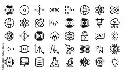 Фотография Produce a premium vector illustration containing 30 creative quantum computing linear icons arranged in a symmetrical 6×5 grid on a solid pure white background