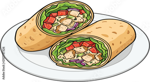 Chicken Wrap Burrito on Plate Vector Illustration