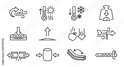Physics and technical stress testing symbols line art icon set with technical engineering pressure temperature