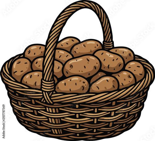 Fresh Raw Potatoes in Wicker Basket Vector Illustration