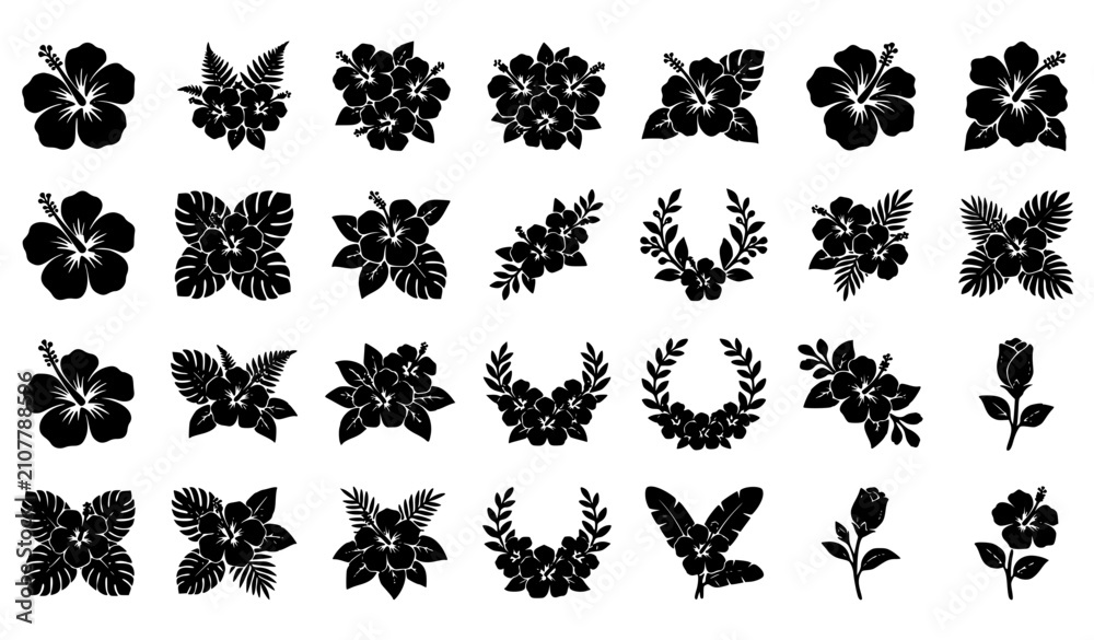 Fototapeta premium Black Tropical Hibiscus Flower Silhouette Vector Collection for Tattoo Stencil Vinyl Cut File