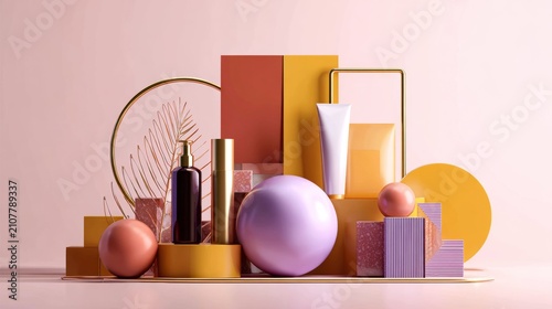Pastel Cosmetic Product Display with Geometric Shapes