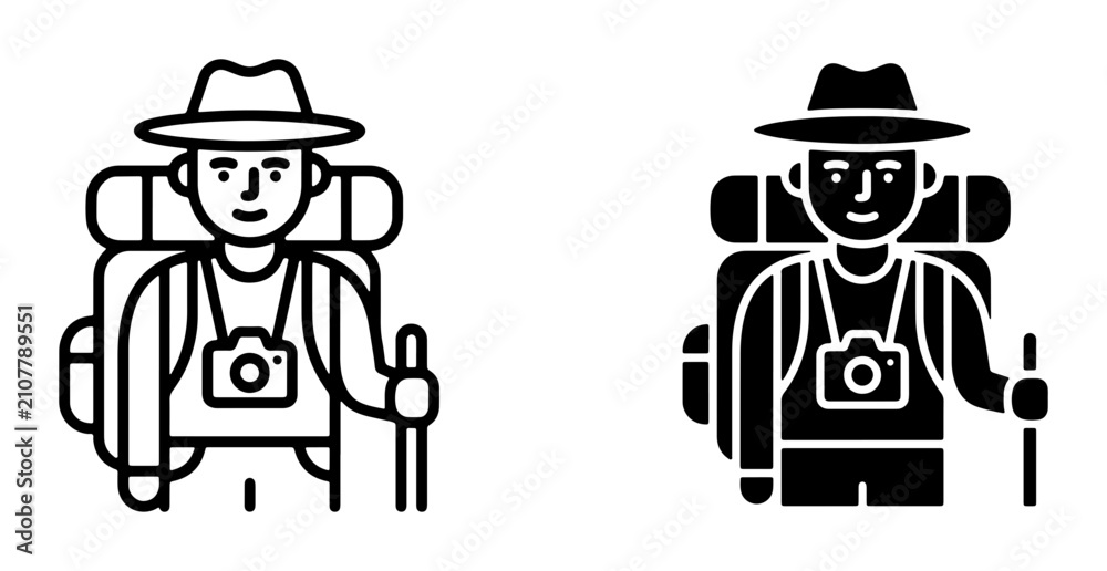 Obraz premium Traveler Icon Set, Hiker Silhouette, Adventure Graphic, Outdoor Exploration Vector, Tourist Symbol, Camping Gear, Photography Equipment, Journey Illustration