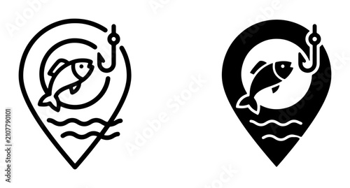 Fishing Location Icons, Angling Spot Markers, Vector Graphics for Outdoor Recreation and Sport, Simple Outline and Solid Fill Styles