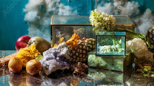 Decorative Still Life with Fruits Flowers and Glass Display Boxes