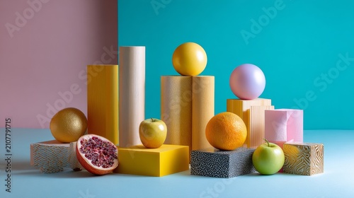Pastel Geometric Display with Fruits and Spheres