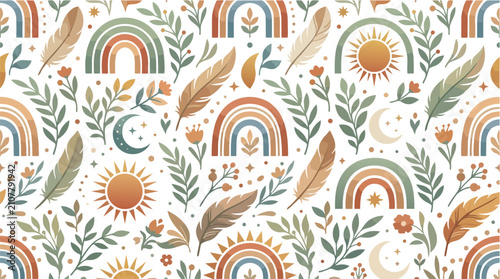 Boho watercolor seamless pattern with rainbows suns and feathers.