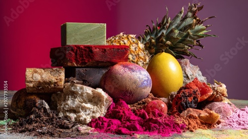 Colorful Still Life with Tropical Fruits and Textured Powders