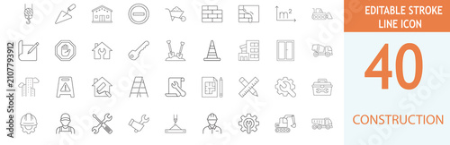 Set of 40 construction and building line icons, editable stroke, vector illustration for architecture, engineering, and renovation projects