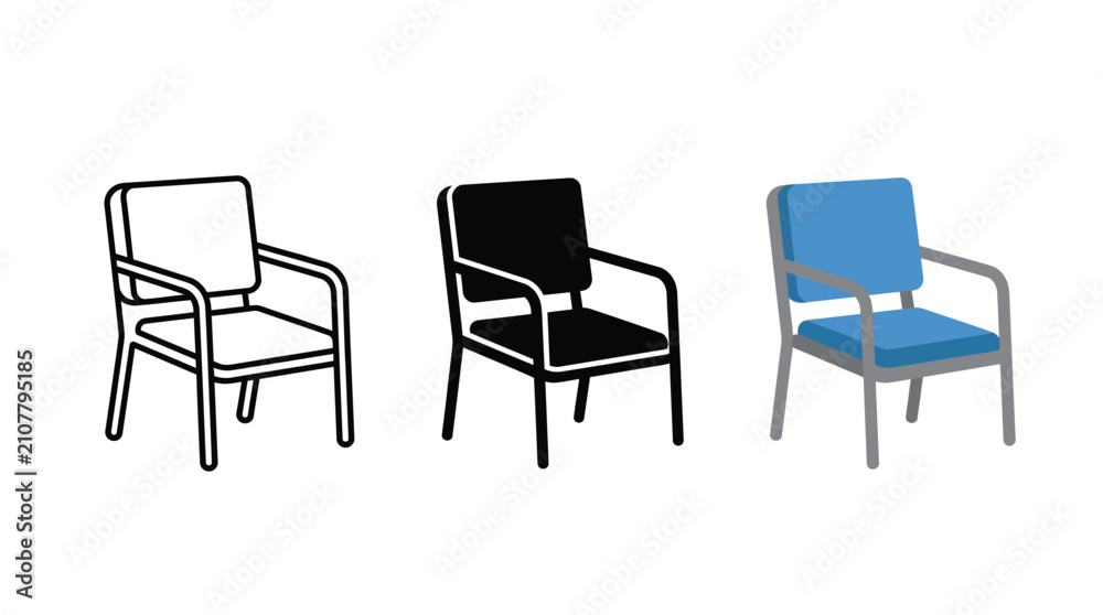 Obraz premium Set of three office chair icons in outline solid and colorful styles Vector