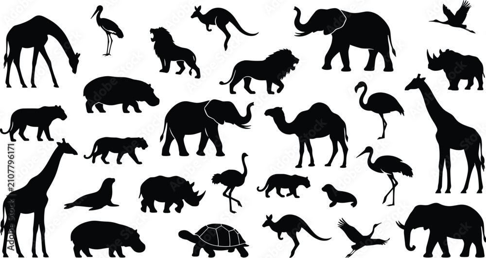 Obraz premium Wild safari animals silhouette set with giraffe elephant lion kangaroo rhino hippo and exotic birds icons collection in vector style