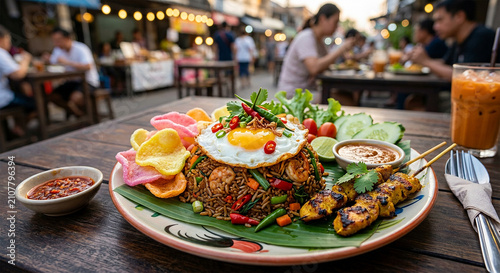Traditional Indonesian fried rice topped with a sunny-side-up egg and served with chicken satay, colorful crackers, fresh vegetables, sambal, peanut sauce, and iced tea at a lively outdoor food market