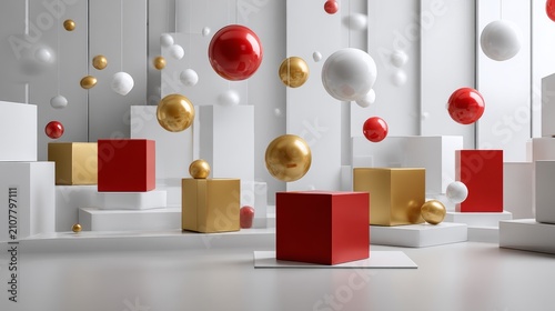 Floating Red Gold and White Geometric Shapes