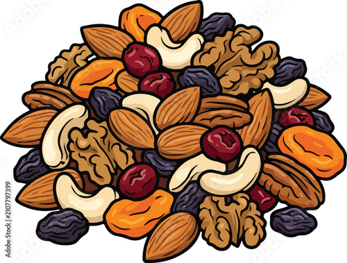 Mixed Trail Mix Heap of Nuts and Dried Fruits Vector Clipart Illustration