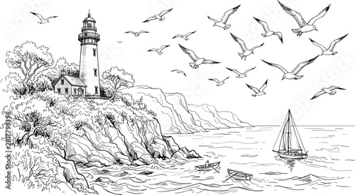 Scenic coastal landscape sketch with lighthouse on rocky cliff flying seagulls sailboat and ocean waves detailed hand drawn vector illustration