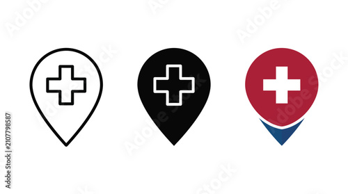 Set of medical location pin icons representing hospital and pharmacy points Vector