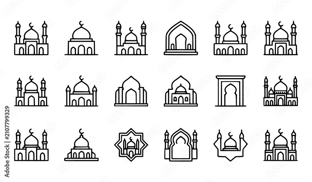 Fototapeta premium Islamic Mosque Thin Line Icon Set Outline Religion Vector Collection