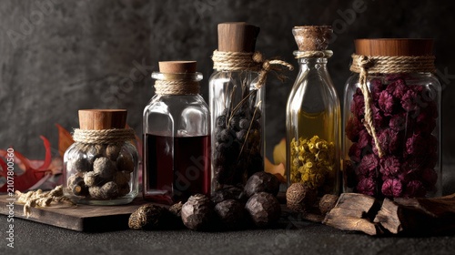 Glass Bottles with Dried Flowers and Botanical Ingredients