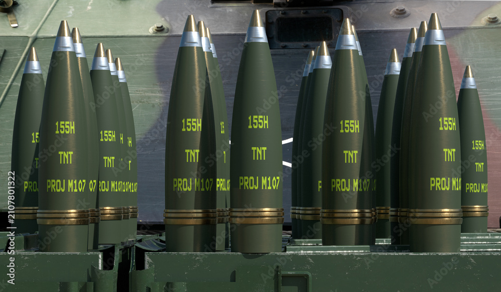Fototapeta premium 155 mm artillery shells on crates.3D rendering.