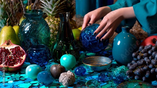 Artistic Still Life with Blue Glassware and Fruits