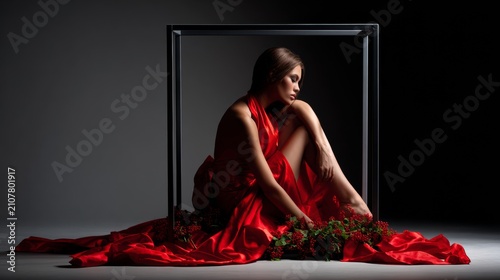 Woman in Red Dress Framed by Dark Minimal Set