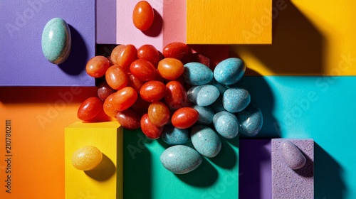 Colorful Abstract Fruit Arrangement with Geometric Blocks