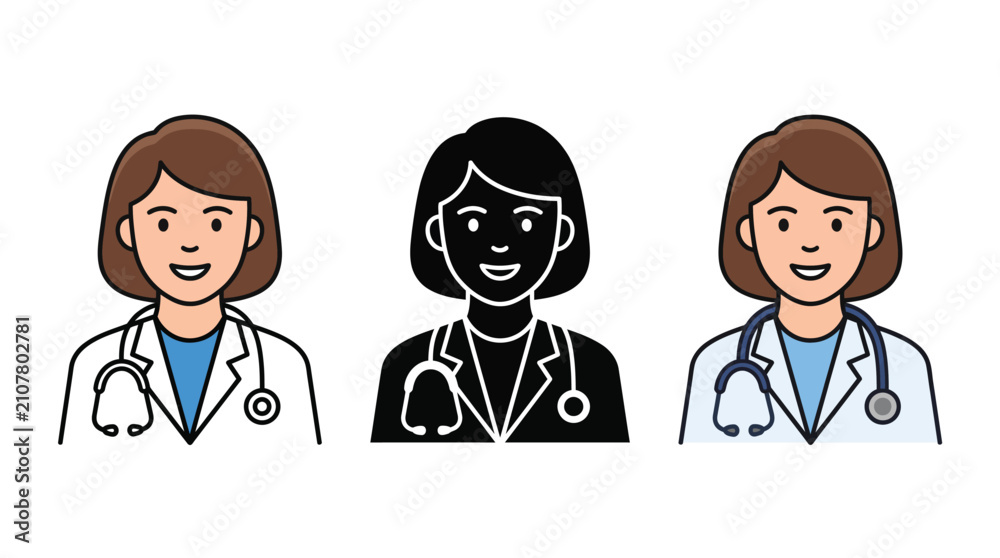 Fototapeta premium Set of female doctor icons with stethoscope in color and silhouette style Vector