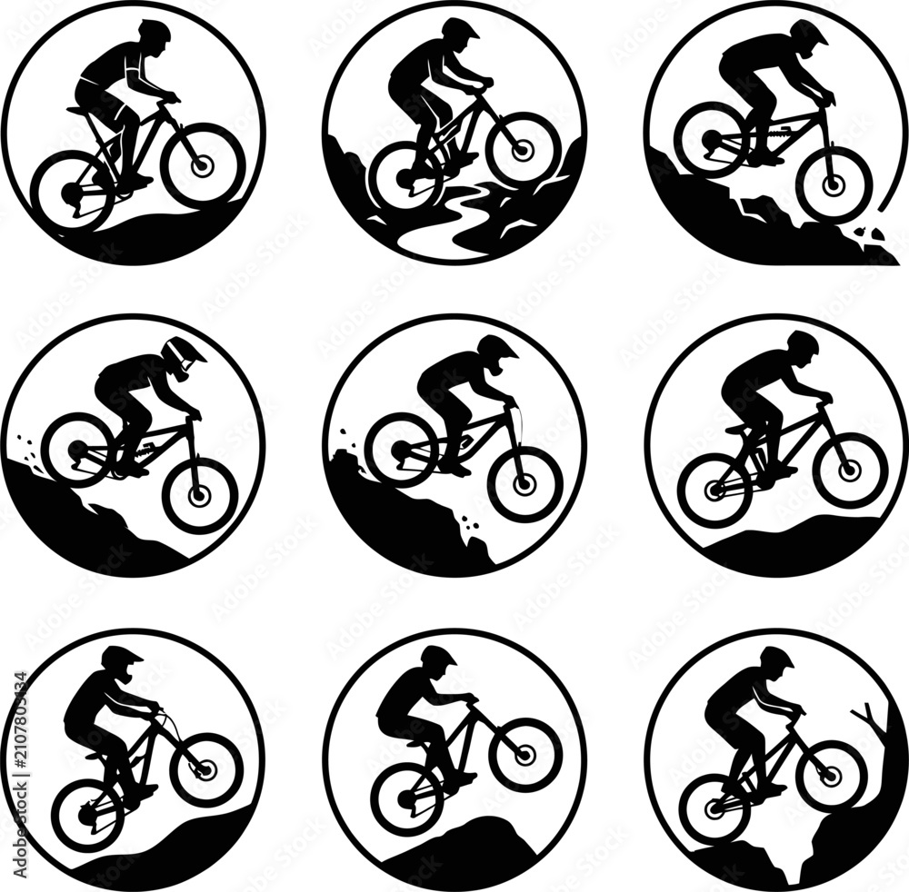 Fototapeta premium Mountain bike rider silhouette collection in round frames, showing various riding actions and terrains, perfect for sports logos and outdoor graphics.
