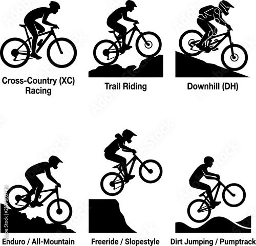 Mountain bike styles set featuring various professional cycling disciplines like downhill enduro and cross country racing depicted in modern vector silhouette graphics.