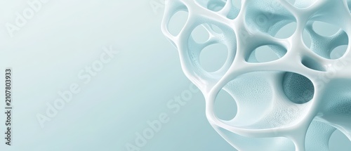 Abstract cellular structure, organic network, microscopic tissue, biological science, medical research, cell growth concept, light blue background.