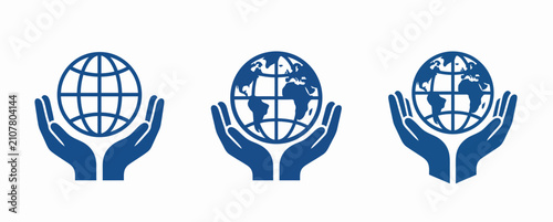 Set of blue globe icons held in human hands representing global care and unity Vector