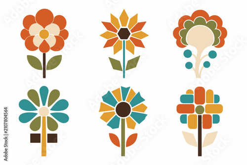 Mid Century Modern Flower Icons – Retro Geometric Floral Vector Collection