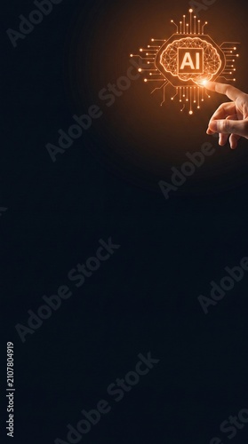 Human Hand Touching Glowing AI Brain Icon Futuristic Technology Concept