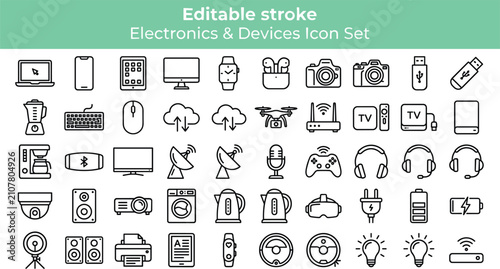 Consumer electronics and smart devices line icon set with computer camera household appliance and home entertainment hardware symbols