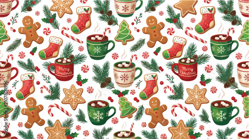 Watercolor Christmas seamless pattern with gingerbread men cocoa mugs and festive stockings.