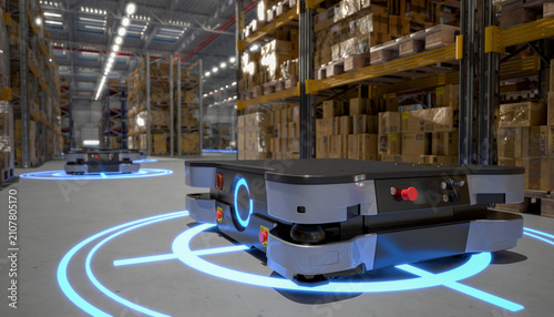 A robotic automated guided vehicle transports goods in a modern warehouse.3D rendering.
