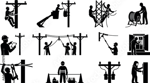 Electrician Lineman Silhouette Icon Set with Power Pole Workers High Voltage Cable Repair Bucket Truck and Electrical Infrastructure Grid Maintenance Symbols